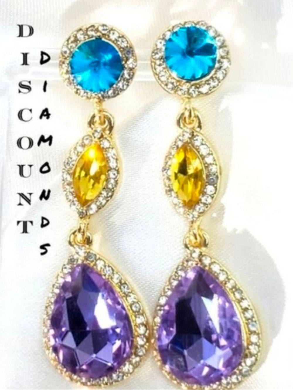 Green, Blue, Purple Topaz  Earrings & Clear White Topaz 14K Gold on 925 Silver
